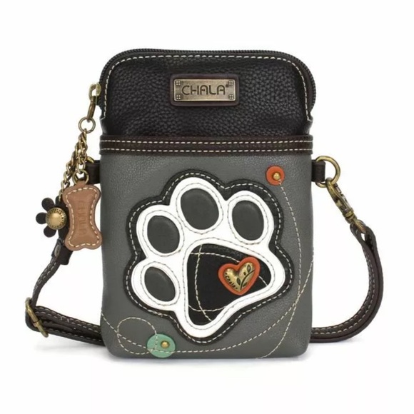 Chala Handbags - Chala Gray and White Paw Print Dog Adjustable Cross Body Mini Purse NWT